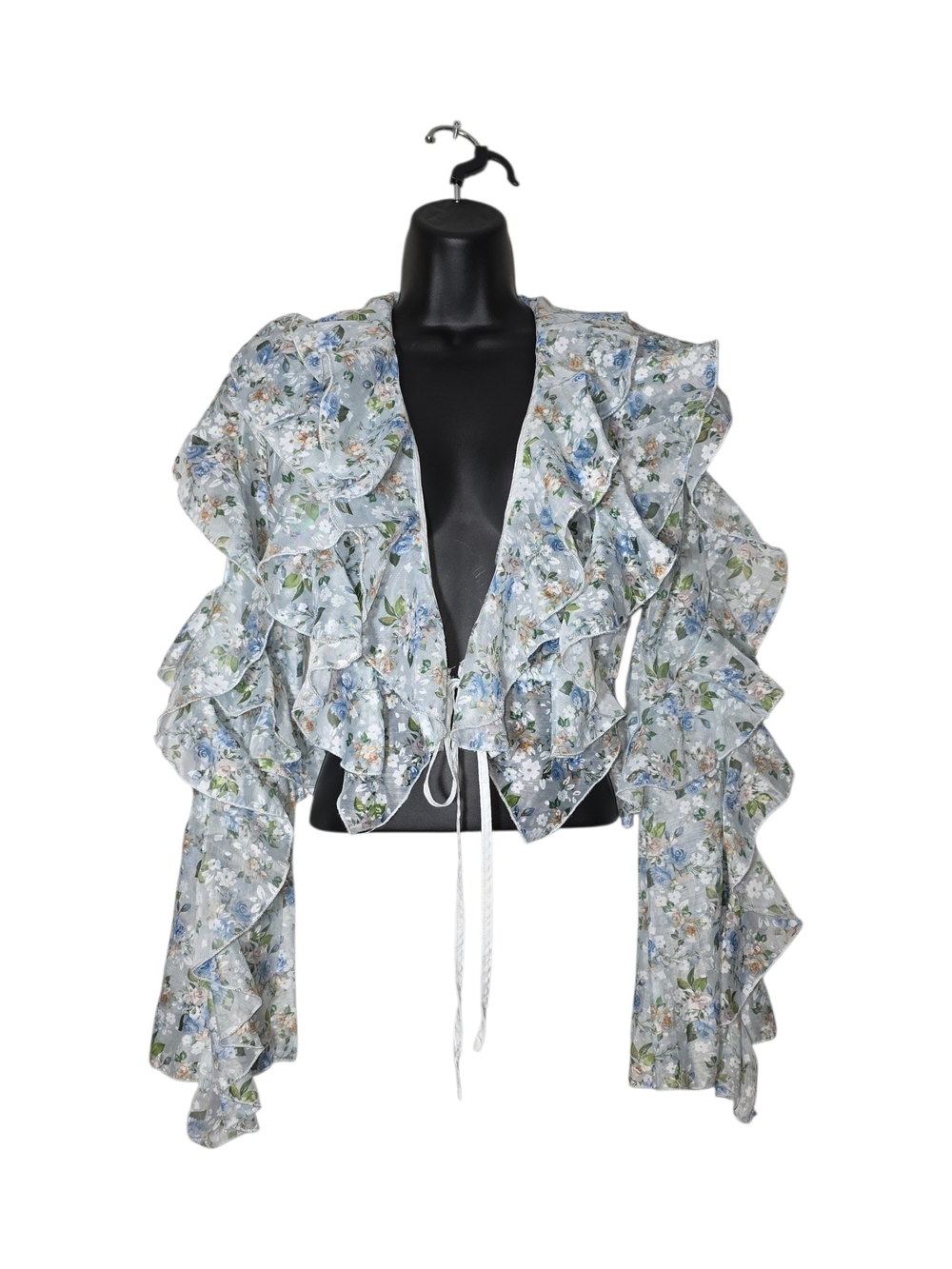 PrettyLittleThing Blue Floral Ruffle Tie Front Cropped Blouse US 6